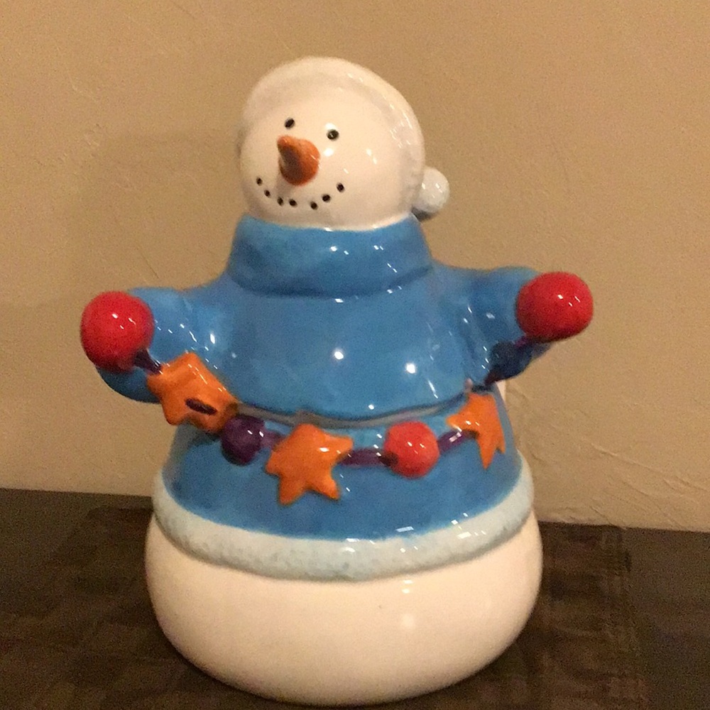 Homespun Holiday Snowman Ceramic Cookie jar - Blue and White